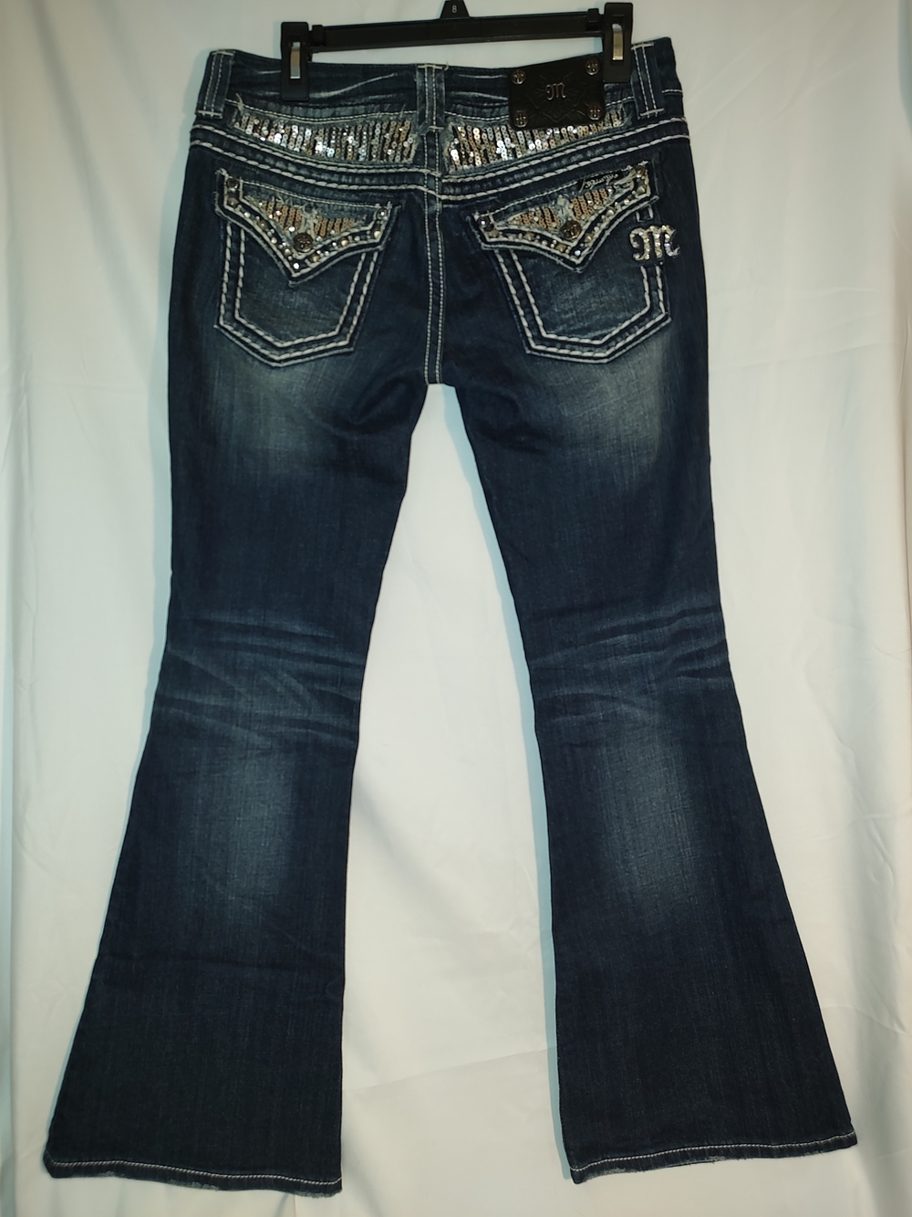 Miss Me Dark Blue Flare Jeans with Sequined Back Pockets
